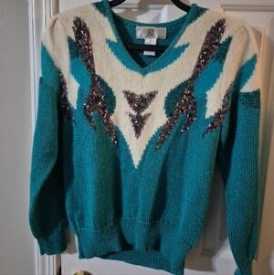 PS Illustrations Teal and Ivory V-Neck Sweater
